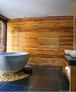 salle de bain avec des murs en bois